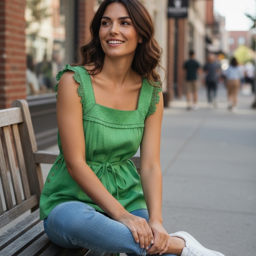 Juicy Couture Vibrant Green Lace Accent Blouse